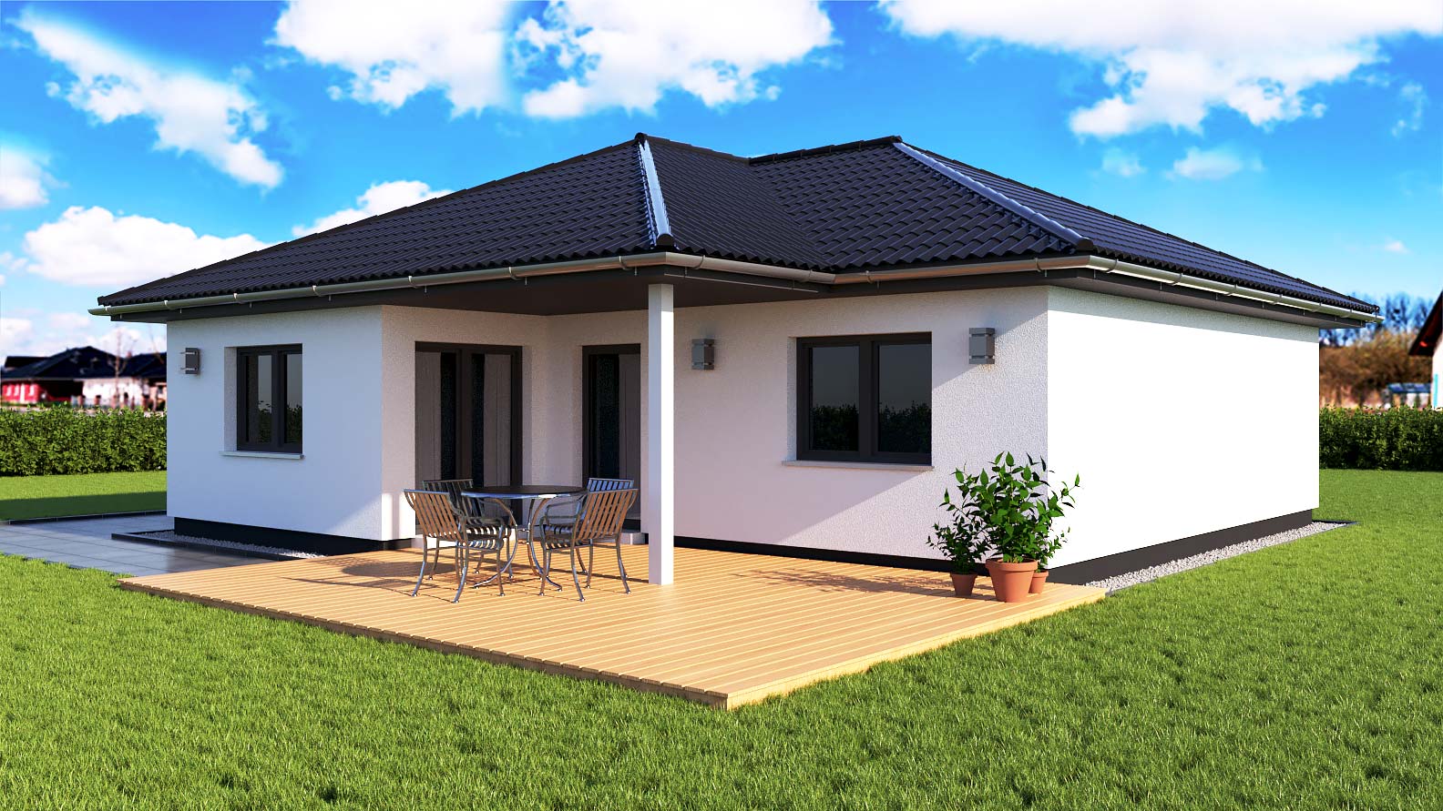 EWA-Bungalow-Amrum-96qm-Massivhausbau-Leipzig-Halle-Wittenberg-Rückansicht EWA-Bungalow Amrum 96qm Massivhausbau Leipzig Halle Wittenberg Rückansicht