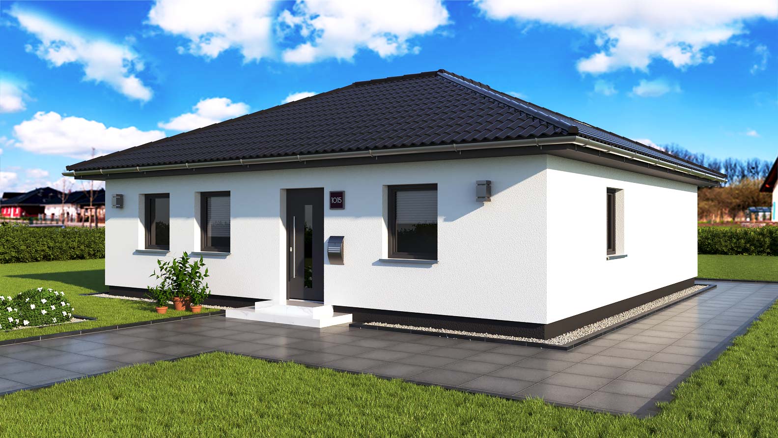 EWA-Bungalow-Amrum-96qm-Massivhausbau-Leipzig-Halle-Wittenberg-Vorderansicht EWA-Bungalow Amrum 96qm Massivhausbau Leipzig Halle Wittenberg Vorderansicht