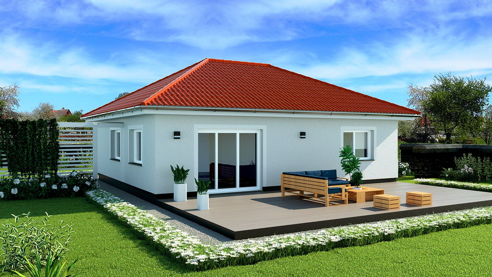EWA-Bungalow Fehmarn 89qm Hausbau Berlin Brandenburg Magdeburg Rückansicht rotes Dach