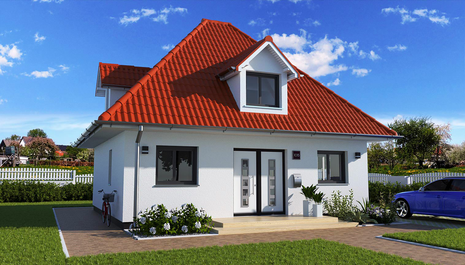 EWA-Bungalow-Hiddensee-142qm-Hausbau-Berlin-Brandenburg-Potsdam-Vorderansicht-rotes-Dach EWA-Bungalow Hiddensee 142qm Hausbau Berlin Brandenburg Potsdam Vorderansicht rotes Dach