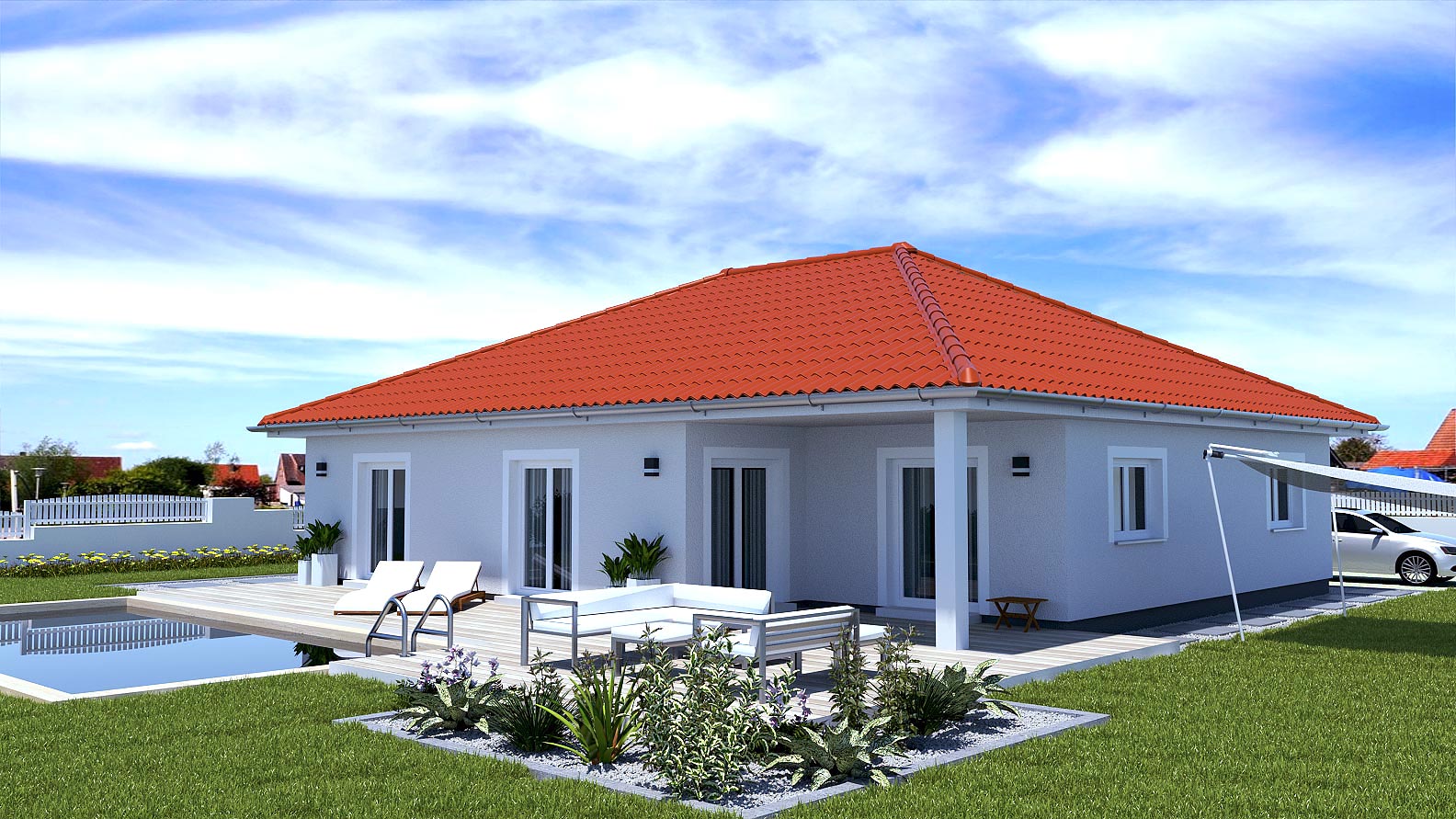 EWA-Bungalow Müritz 130qm Hausbau Berlin Brandenburg Magdeburg Rückansicht rotes Dach