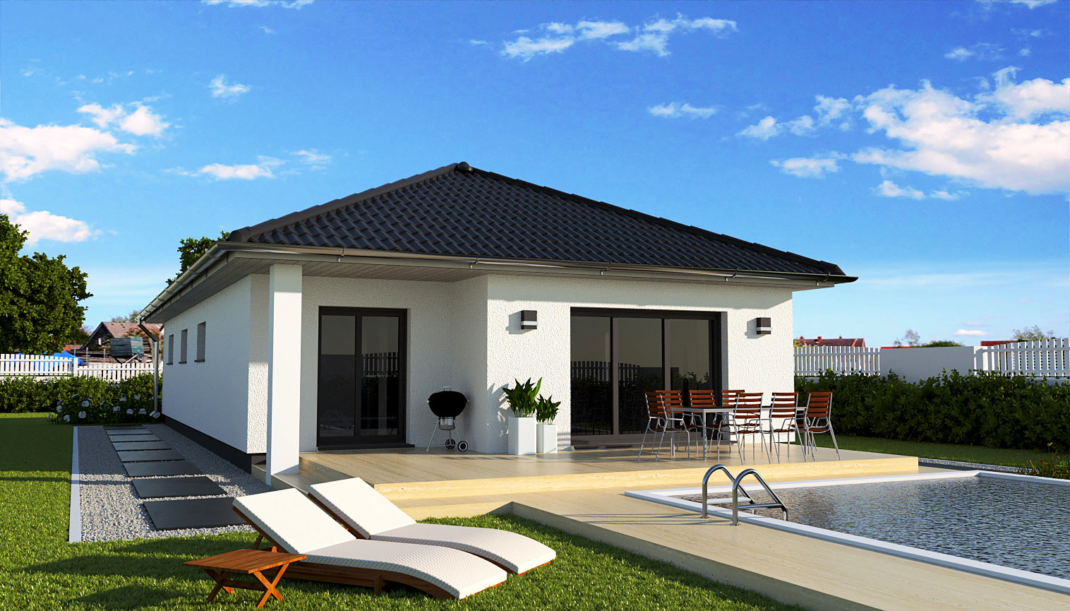 EWA-Bungalow Spreeblick 116qm Massivhausbau Leipzig Halle Wittenberg Rückansicht