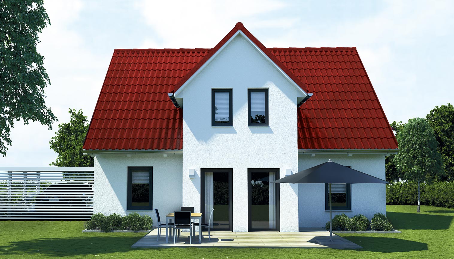 EWA-Landhaus Altmark 172qm Hausbau Berlin Brandenburg Magdeburg Rückansicht rotes Dach