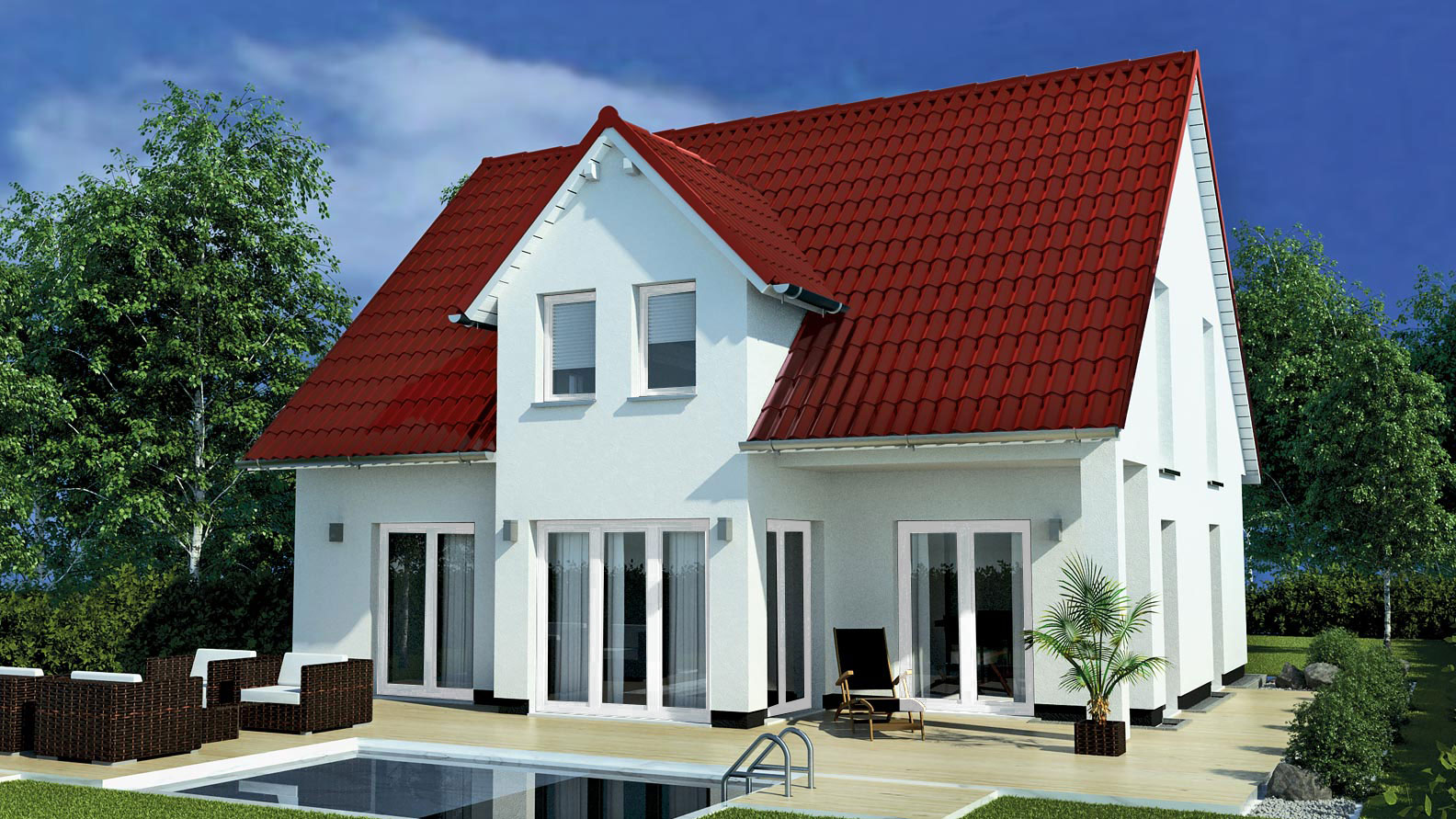 EWA-Landhaus-Prignitz-187qm-Massivhausbau-Leipzig-Halle-Wittenberg-Rückansicht-weiße-Fensterrahmen EWA-Landhaus Prignitz 187qm Massivhausbau Leipzig Halle Wittenberg Rückansicht weiße Fensterrahmen