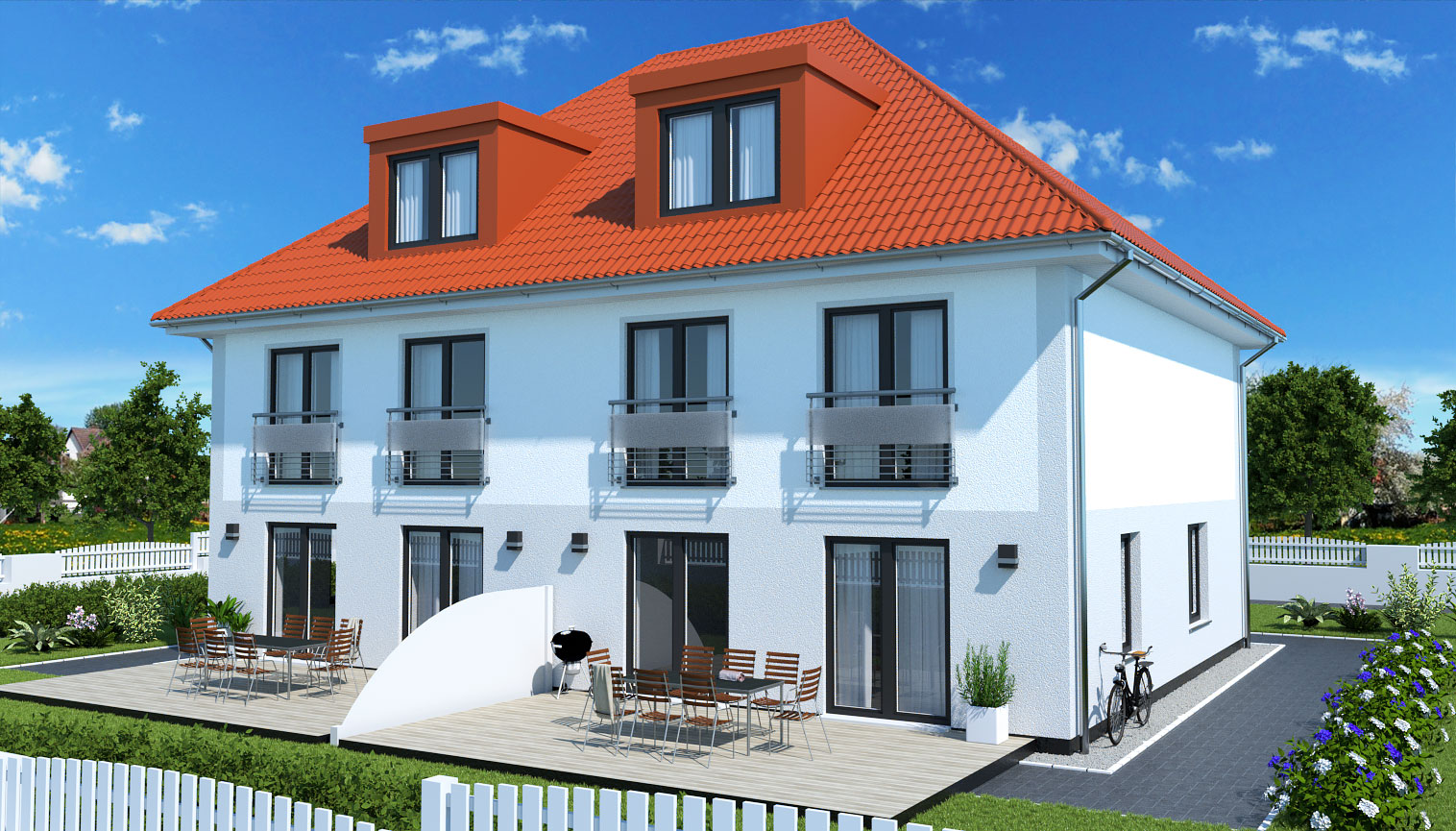 EWA-Doppelhaus Werder Exklusiv 344qm Hausbau Berlin Brandenburg Potsdam Rückansicht rotes Dach