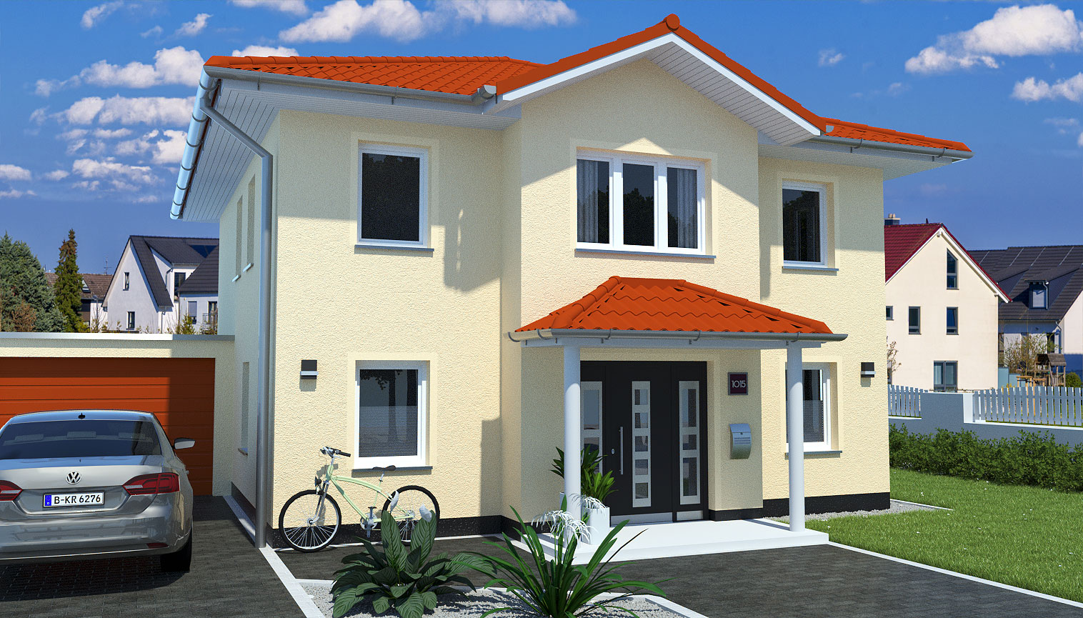 EWA-Stadtvilla-Berlin-158qm-Hausbau-Berlin-Brandenburg-Magdeburg-Vorderansicht-rotes-Dach EWA-Stadtvilla Berlin 158qm Hausbau Berlin Brandenburg Magdeburg Vorderansicht rotes Dach