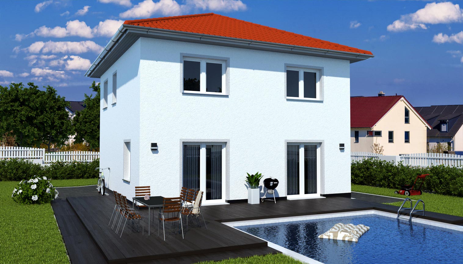 EWA-Stadtvilla MD EDITION 130qm Hausbau Berlin Brandenburg Potsdam Rückansicht rotes Dach