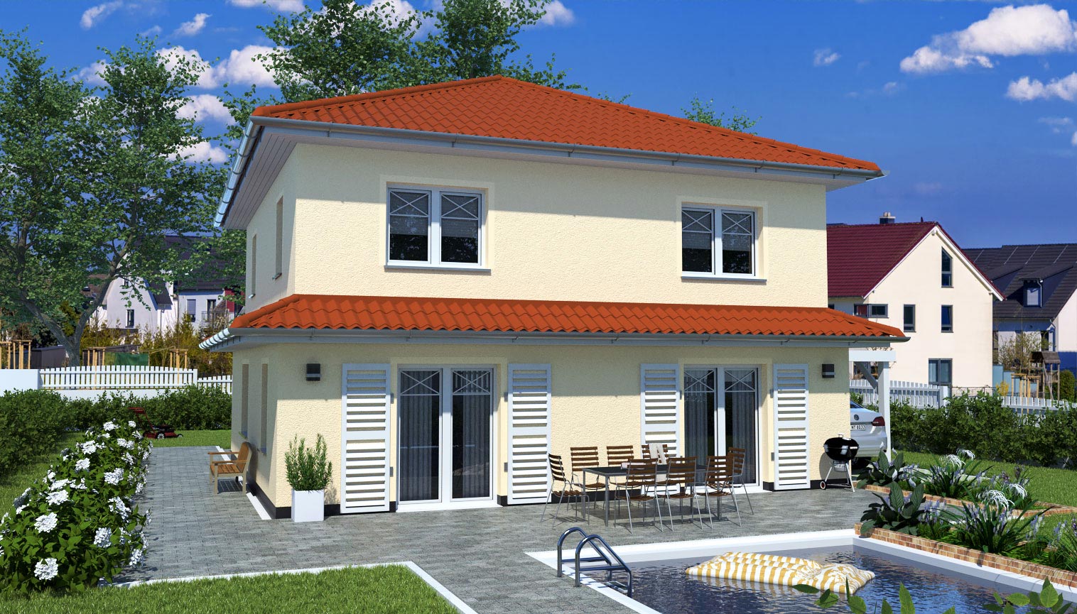 EWA-Stadtvilla Mediterran 151qm Hausbau Berlin Brandenburg Potsdam Rückansicht rotes Dach